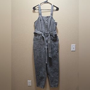 Universal thread tie front faded denim acid wash jumpsuit tapered leg